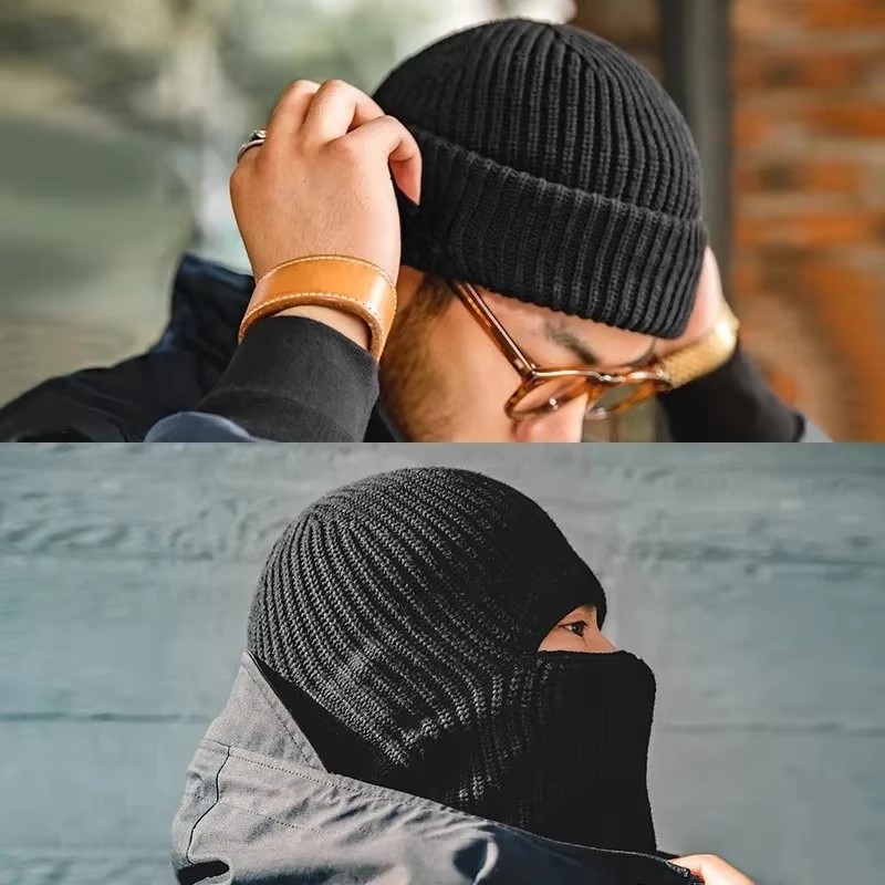 Muffler Men Wool - หมวกบีนนี่ไหมพรมสำหรับผู้ชายและผู้หญิง ลายหัวกะโหลก เหมาะสำหรับฤดูหนาว พร้อมผ้าพันคอไหมพรม หมวกบาลาคลาวา หน้ากาก