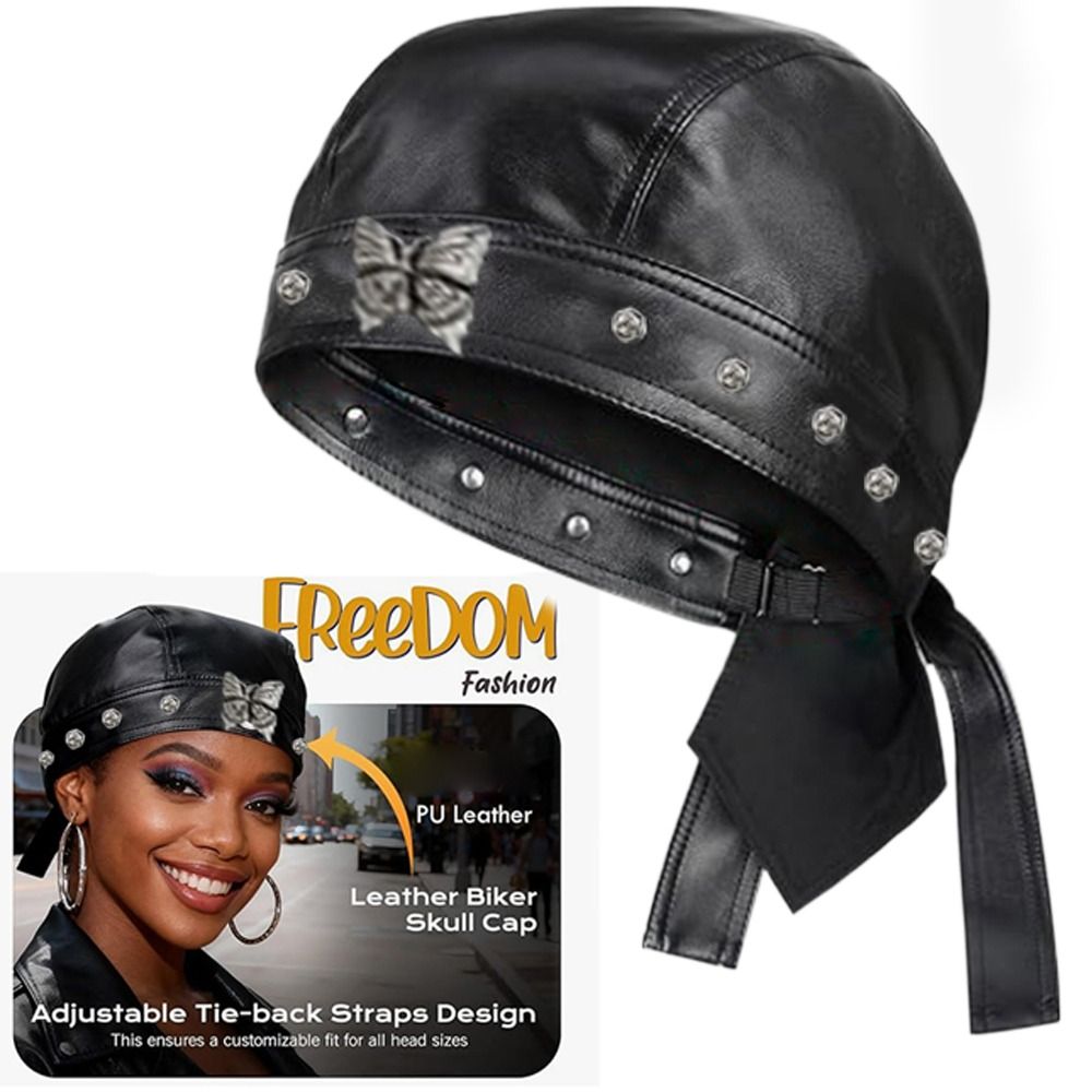 Bandana Doo Rag - หมวกหนัง PU สีดำสไตล์ไบค์เกอร์ ปรับขนาดได้ ผ้าพันศีรษะแบบดูแร็ก หมวกทรงผีเสื้อ